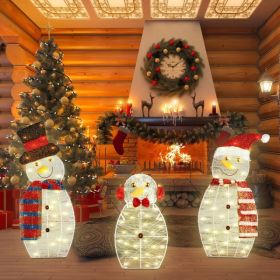 3-Piece Christmas Snowman Family Decorations (Father/Mother/Baby), 2D Plush-Wrapped Metal Frame with 3×9.84ft LED String Lights (30 Beads/Each),