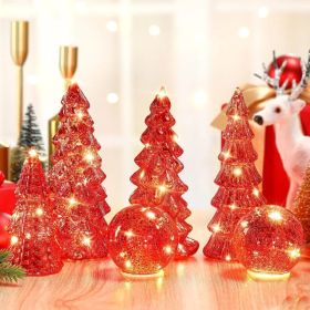 6 Pcs Mercury Glass Christmas Tree for Tabletop Light up Figurine Christmas Tree Mercury Cracked Glass Globe with Light for Xmas Decor Home Party (Option: RED)