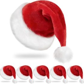 6 Santa Christmas Hat, Classic Red Velvet Xmas Holiday Hat, Unisex Santa Cap For Adults, Christmas Party Accessory (Option: RED)