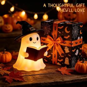 Halloween Ghost Reading Book Night Light, Halloween Witch LampCute Ghost Figurine Bookshelf Lantern, Resin Statue, Tabletop Bedroom Table Shelf I (Option: White)
