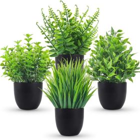 4 Pack Small Fake Plants In Black Pots, Artificial Mini Plants For Bathroom, Office, Bedroom, Desk, Shelf & Home Decor (Option: GREEN)