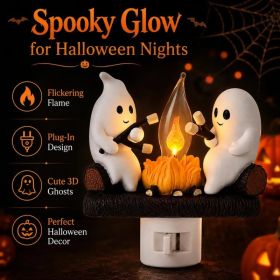 Ghost Campfire Night Light, Plug-in Wall Flickering Flame Nightlight, Halloween 3D Cute Spooky Marshmallow Ghost Decoration for Bedroom, Spooky S (Option: YELLOW)
