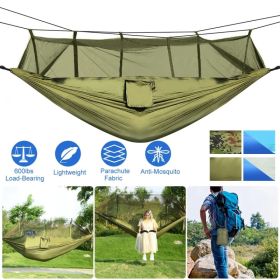 600lbs Load 2 Persons Hammock w/Mosquito Net Outdoor Hiking Camping Hommock Portable Nylon Swing Hanging Bed w/ Strap Hook Carry Bag (Option: GREEN)