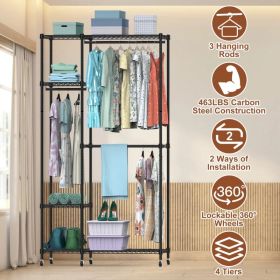 4 Tier Heavy Duty Garment Rack with Wheels Carbon Steel Clothing Rack Portable Wardrobe Clothes Rack with 3 Hanging Rods 6 Footrests 44.9x17.13x7 (Option: as pic)