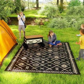 Reversible Outdoor Rug, Waterproof Plastic Straw With Carry Bag, 9 X 12, Black & Beige Rhombus (Option: black)
