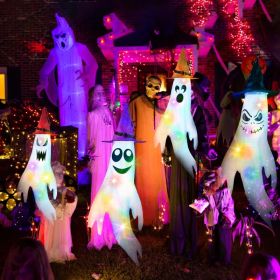 Halloween Hanging Decoration Set - 4 Ghost Windsocks, 4 Witch Hats & 4 Colorful LED String Lights (Batteries Included) - 43.3" Large Reusable Oxf (Option: 4Pcs)