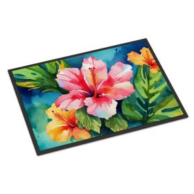 Hawaii Hawaiian Hibiscus in Watercolor Doormat Front Door Mat Indoor Outdoor Rugs for Entryway, Non Slip Washable Low Pile, 24H X 36W (Option: Default)