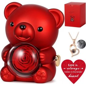 Valentine's Day Cute Teddy Bear with Preserved Rose, Hidden Surprise Necklace Rotating Gift Box Valentines Day Gifts for Her, Romantic Eternal Ro (Option: RED)