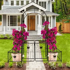 Metal Garden Arch With Gate 79.5'' Wide X 86.6'' High Climbing Plants Support Rose Arch Outdoor (Option: black)